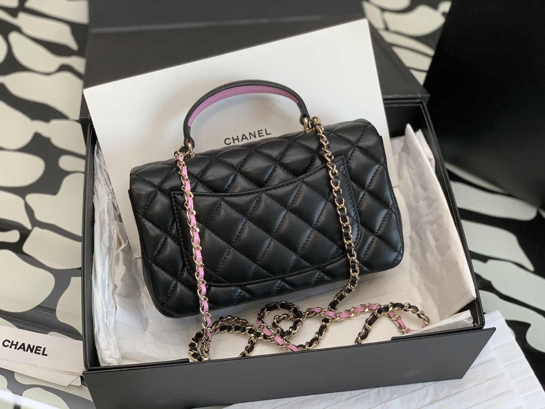 Chanel 23P Mini Rectangular Flap with Top Handle Black and Pink Lambskin Light Gold Hardware