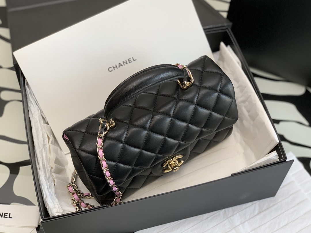 Chanel 23P Mini Rectangular Flap with Top Handle Black and Pink Lambskin Light Gold Hardware