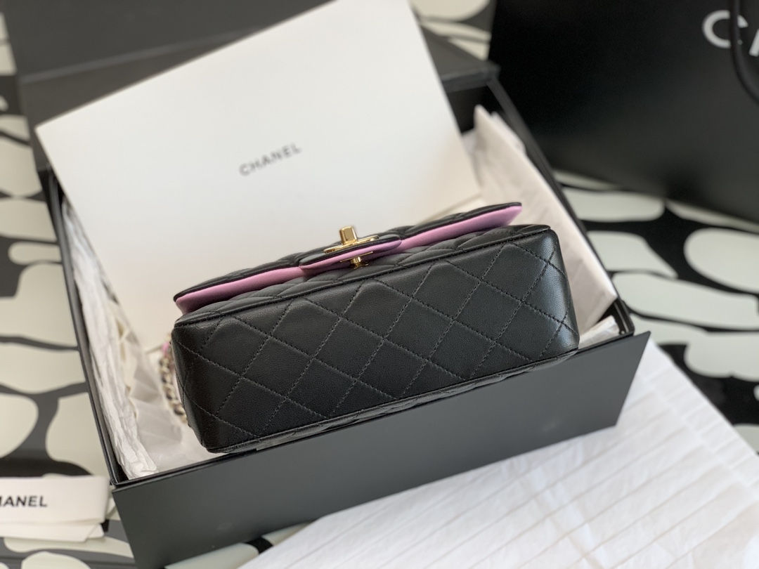 Chanel 23P Mini Rectangular Flap with Top Handle Black and Pink Lambskin Light Gold Hardware