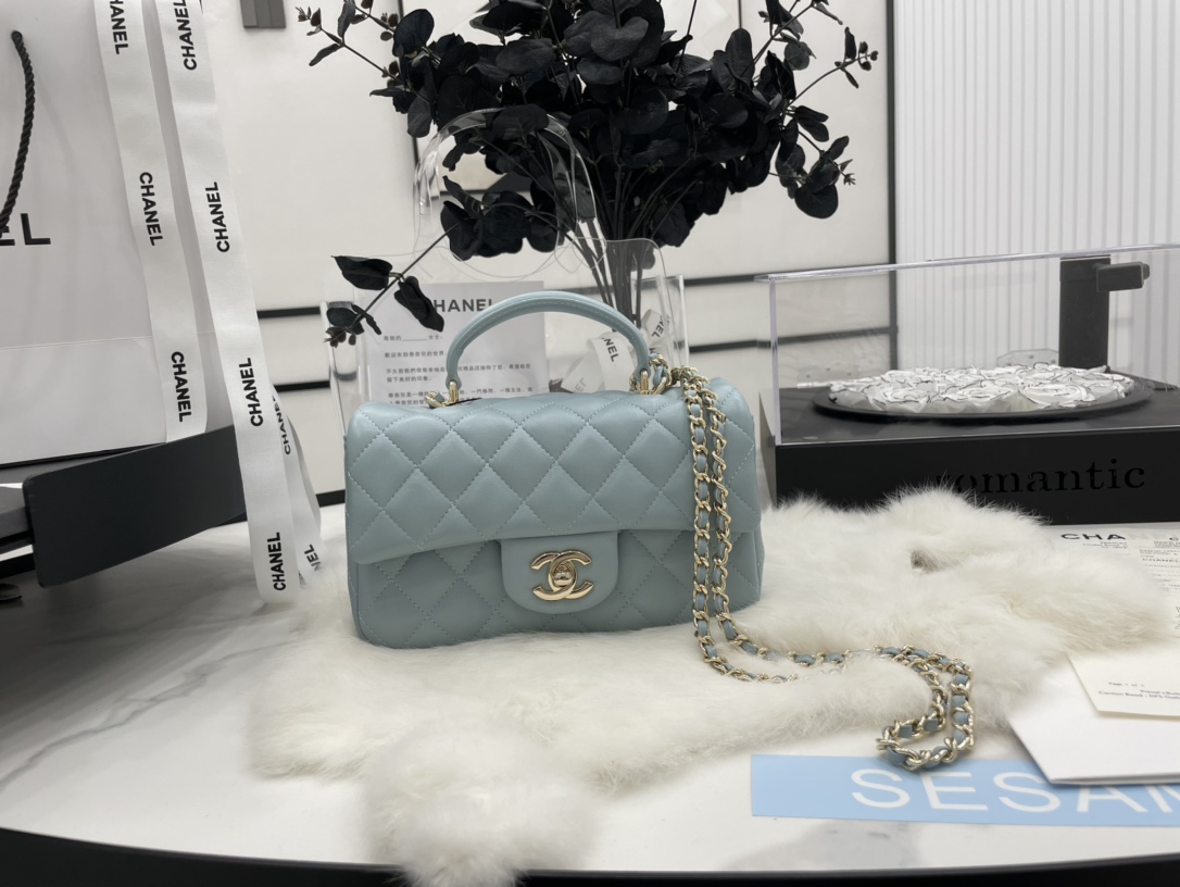 Chanel 23P Mini Rectangular Flap with Top Handle Light Blue Lambskin Light Gold Hardware