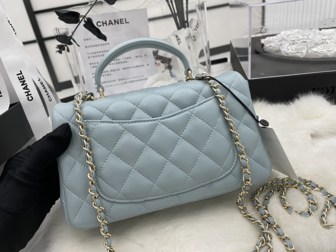 Chanel 23P Mini Rectangular Flap with Top Handle Light Blue Lambskin Light Gold Hardware