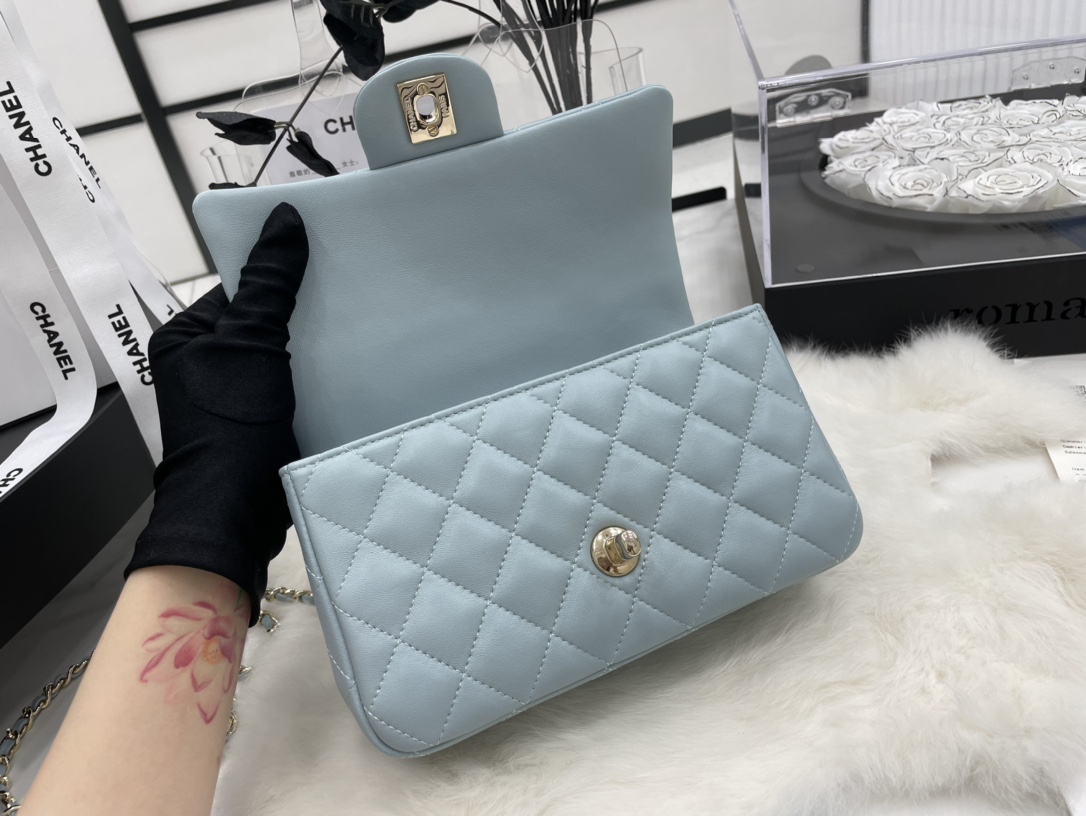 Chanel 23P Mini Rectangular Flap with Top Handle Light Blue Lambskin Light Gold Hardware