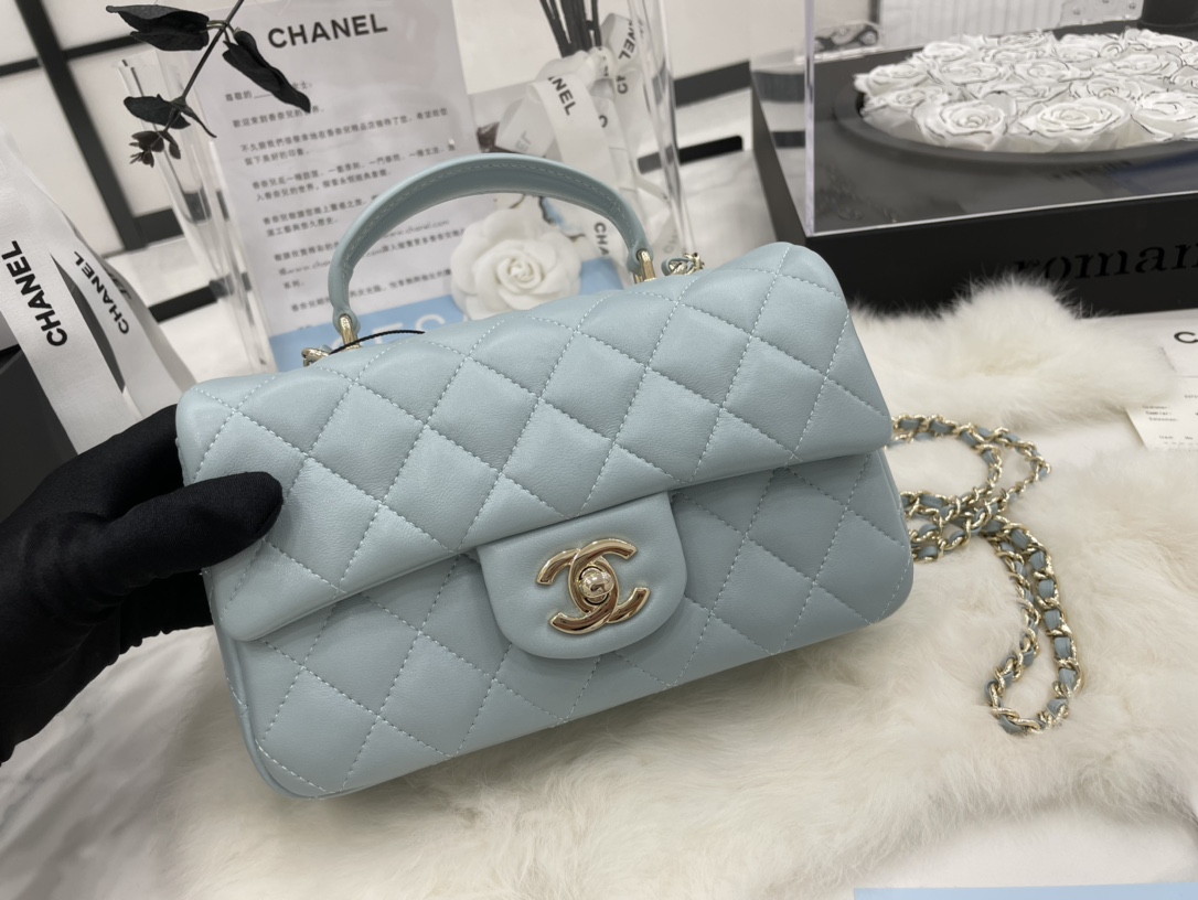 Chanel 23P Mini Rectangular Flap with Top Handle Light Blue Lambskin Light Gold Hardware