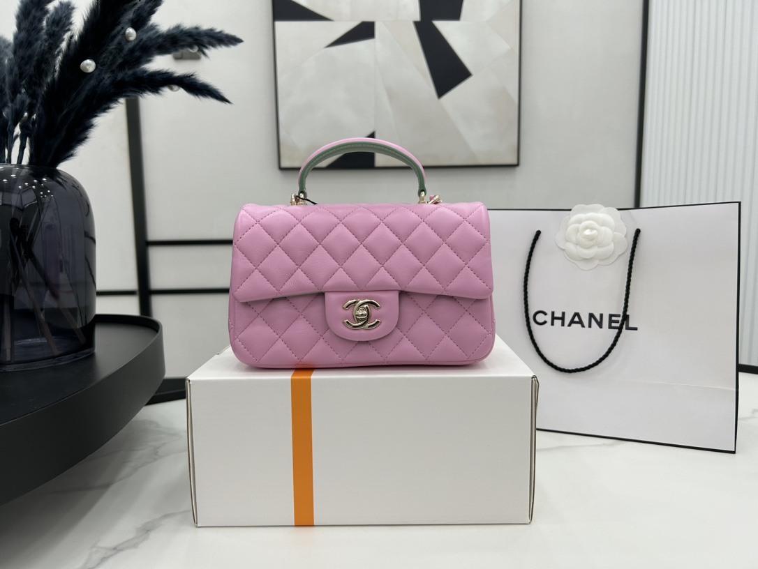 Chanel 23P Mini Rectangular Flap with Top Handle Pink and Green Lambskin Light Gold Hardware