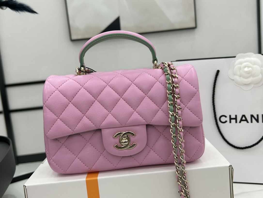 Chanel 23P Mini Rectangular Flap with Top Handle Pink and Green Lambskin Light Gold Hardware