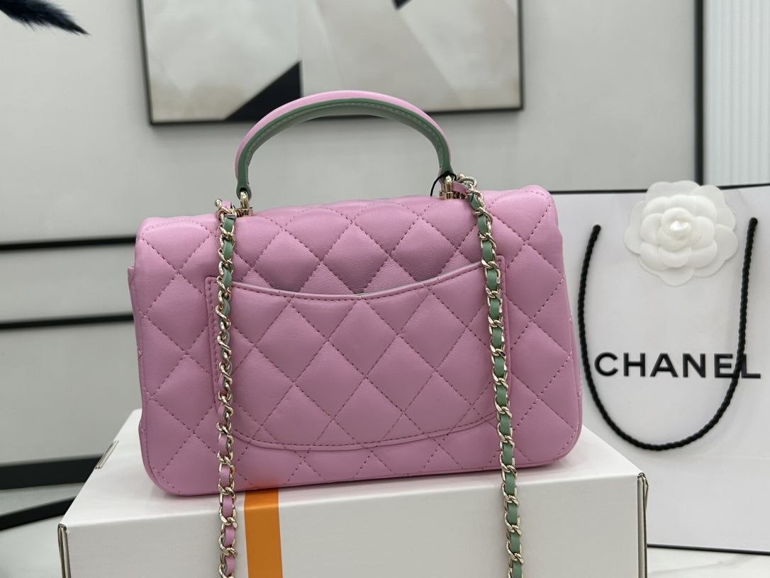 Chanel 23P Mini Rectangular Flap with Top Handle Pink and Green Lambskin Light Gold Hardware