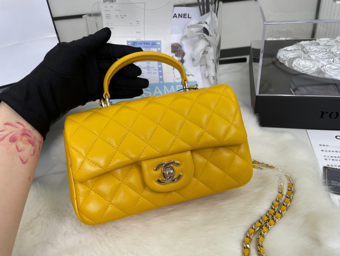 Chanel 23P Mini Rectangular Flap with Top Handle Yellow Lambskin Light Gold Hardware