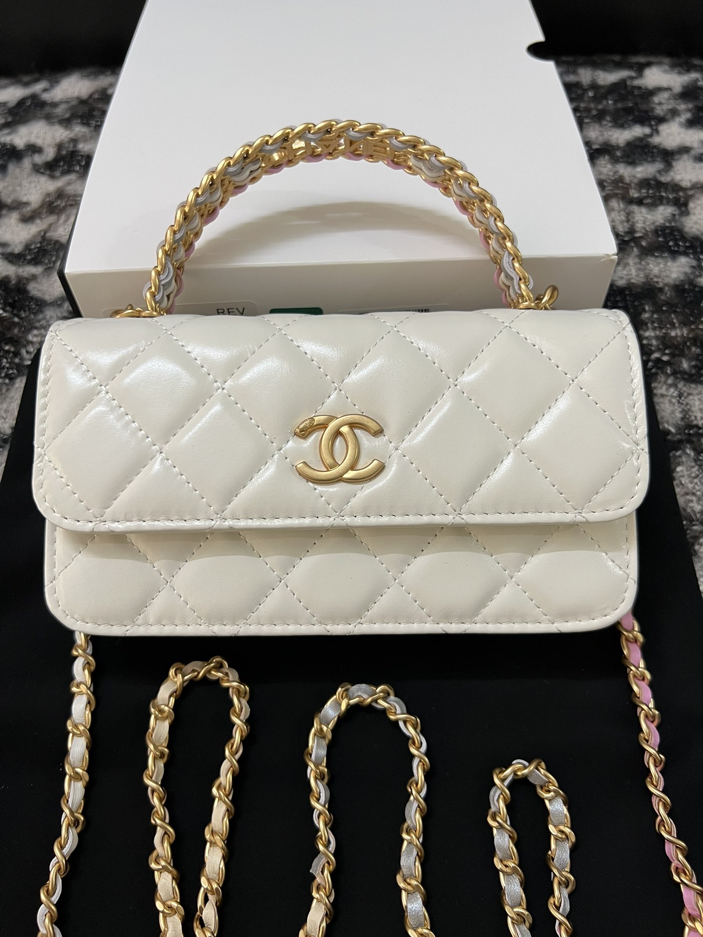 Chanel 23P Small Kelly Top Handle Handbag White with Gradient Color Chain