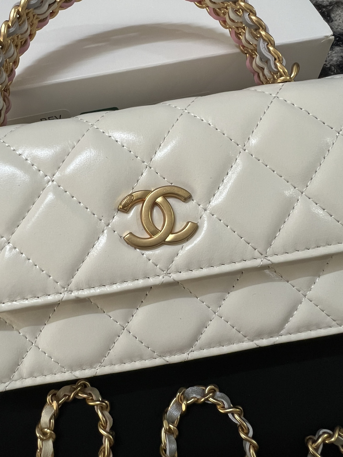 Chanel 23P Small Kelly Top Handle Handbag White with Gradient Color Chain