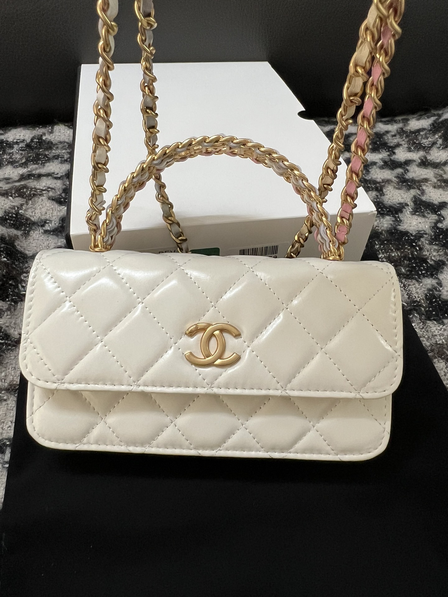 Chanel 23P Small Kelly Top Handle Handbag White with Gradient Color Chain