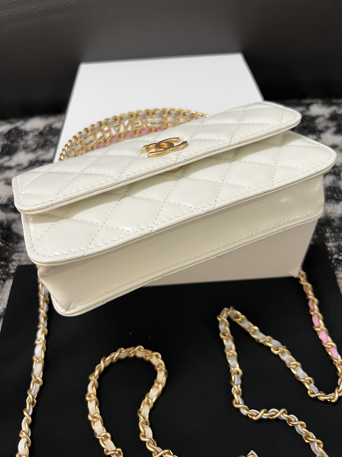 Chanel 23P Small Kelly Top Handle Handbag White with Gradient Color Chain