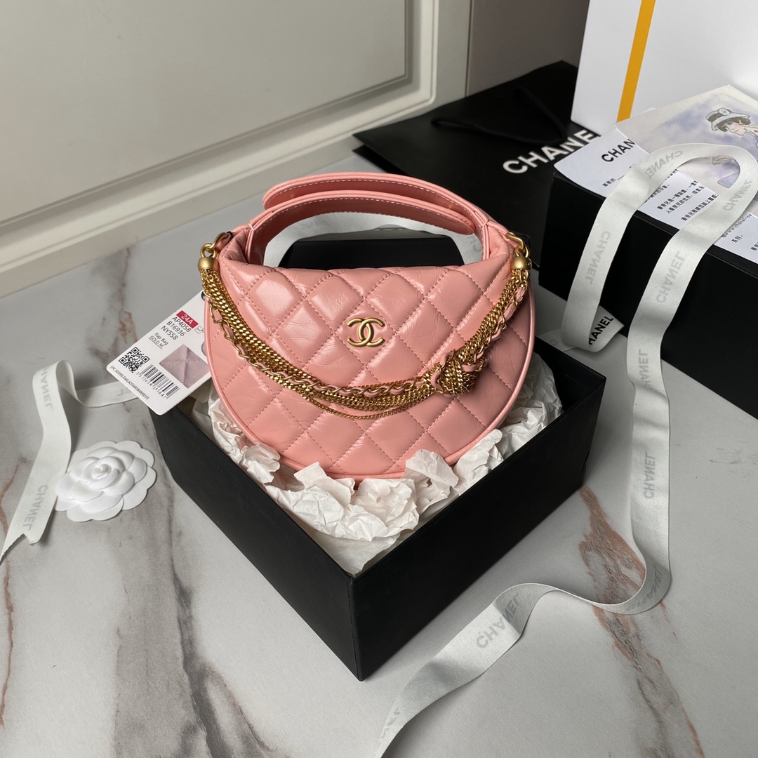 Chanel 24A AP4058 Pouch Shiny Crumpled Calfskin & Gold-tone Metal Dark Pink