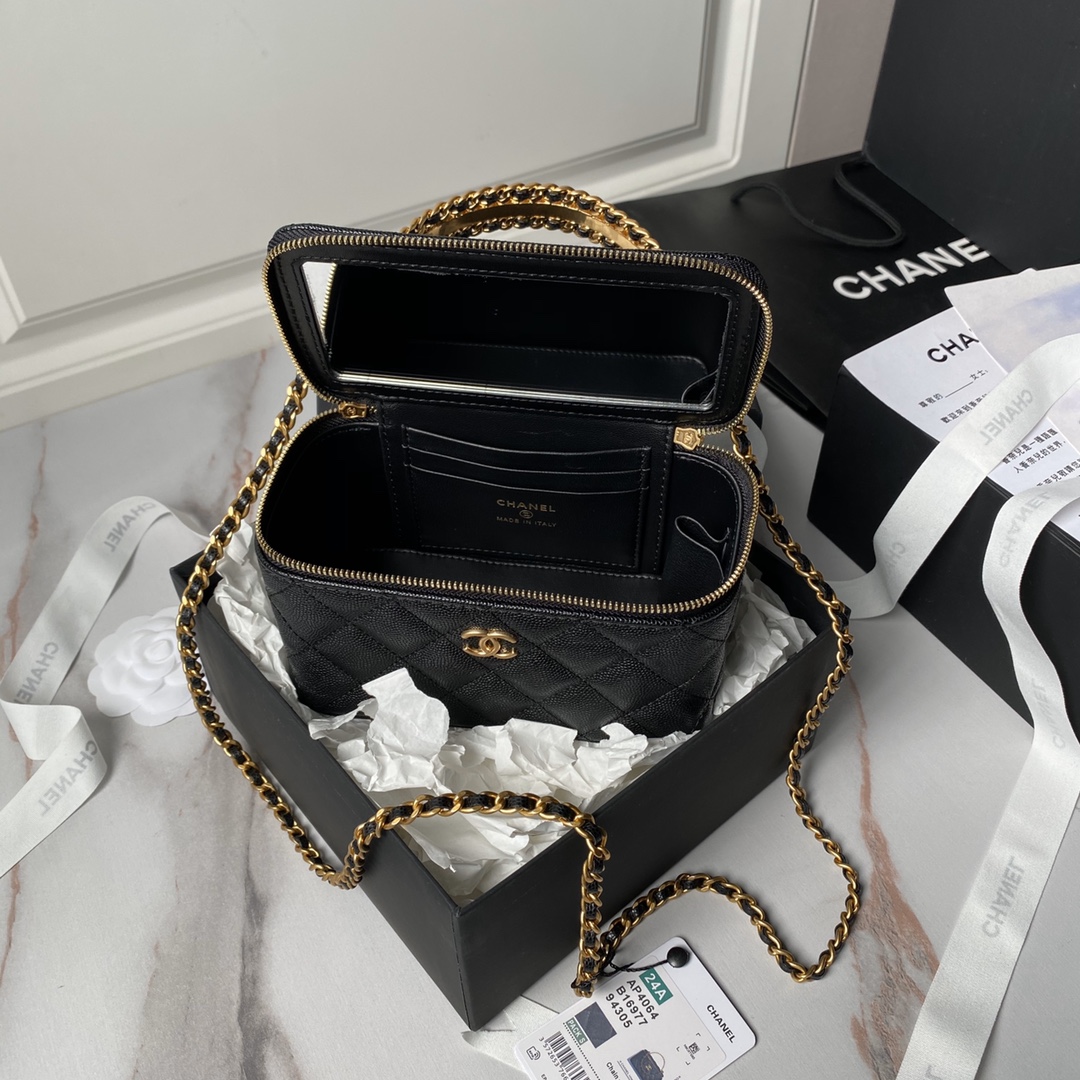 Chanel 24A AP4064 Vanity Case With Mirror Grained Calfskin Metal Black