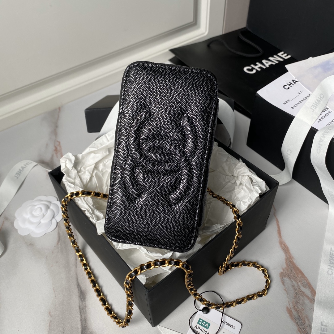 Chanel 24A AP4064 Vanity Case With Mirror Grained Calfskin Metal Black