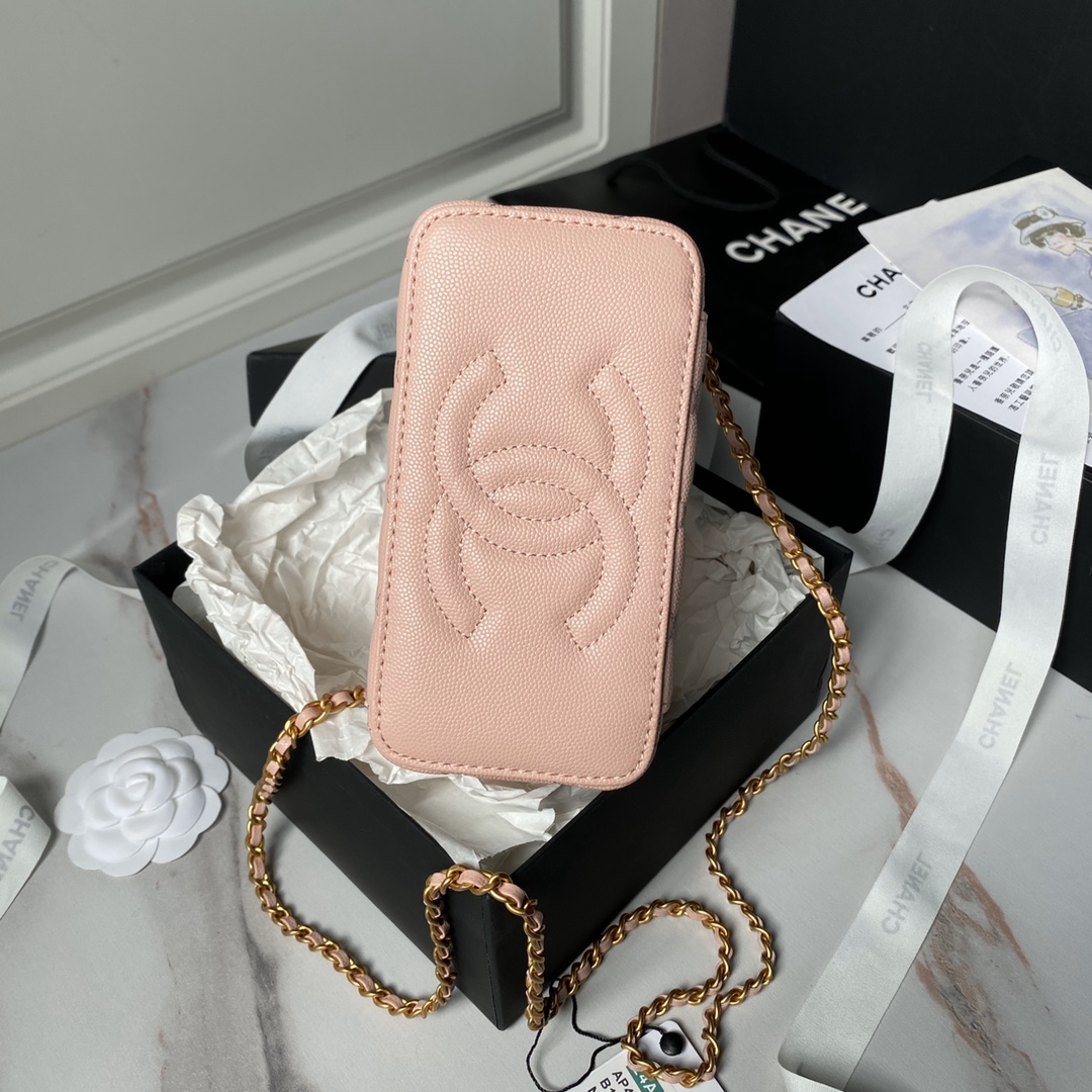 Chanel 24A AP4064 Vanity Case With Mirror Grained Calfskin Metal Pink