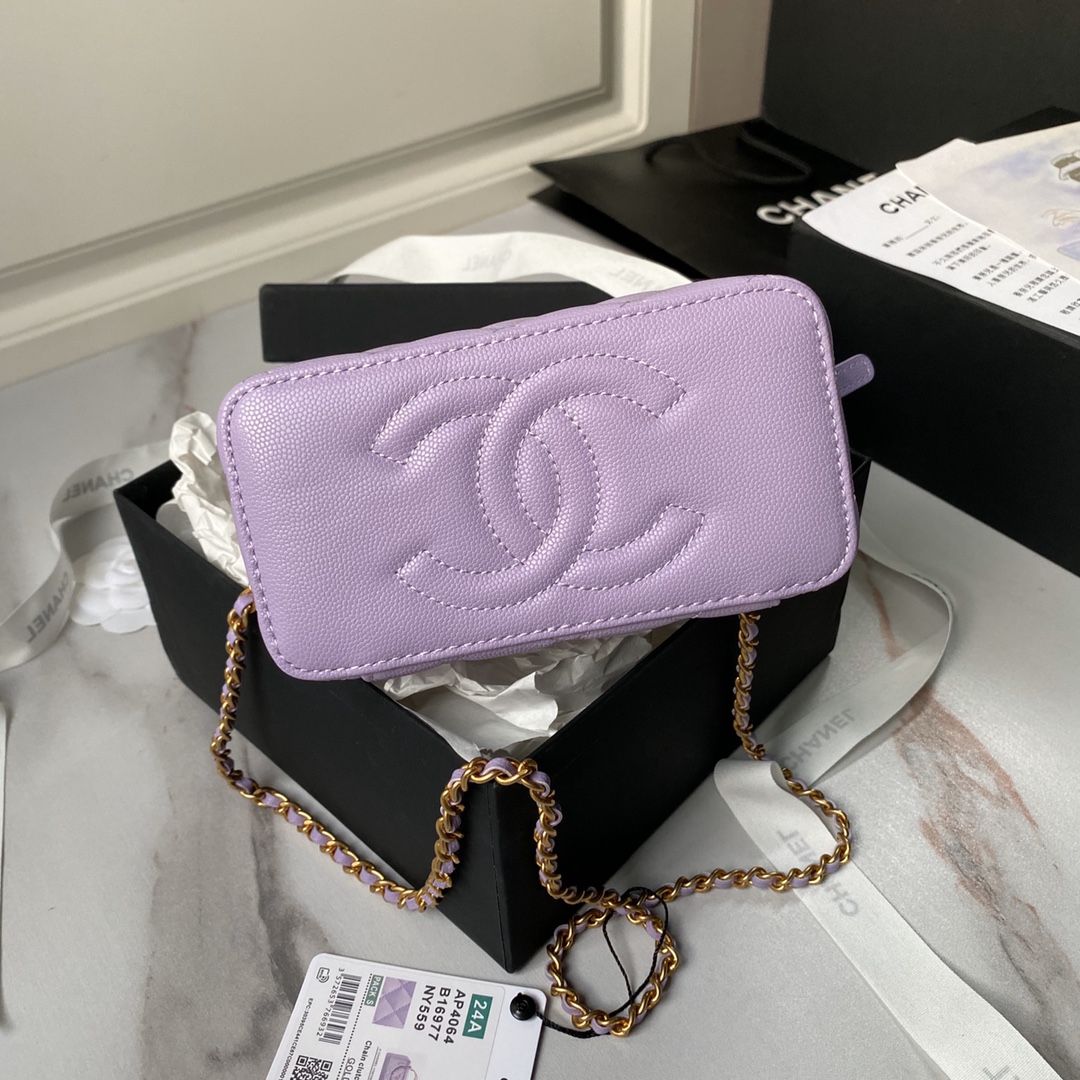 Chanel 24A AP4064 Vanity Case With Mirror Grained Calfskin Metal Purple