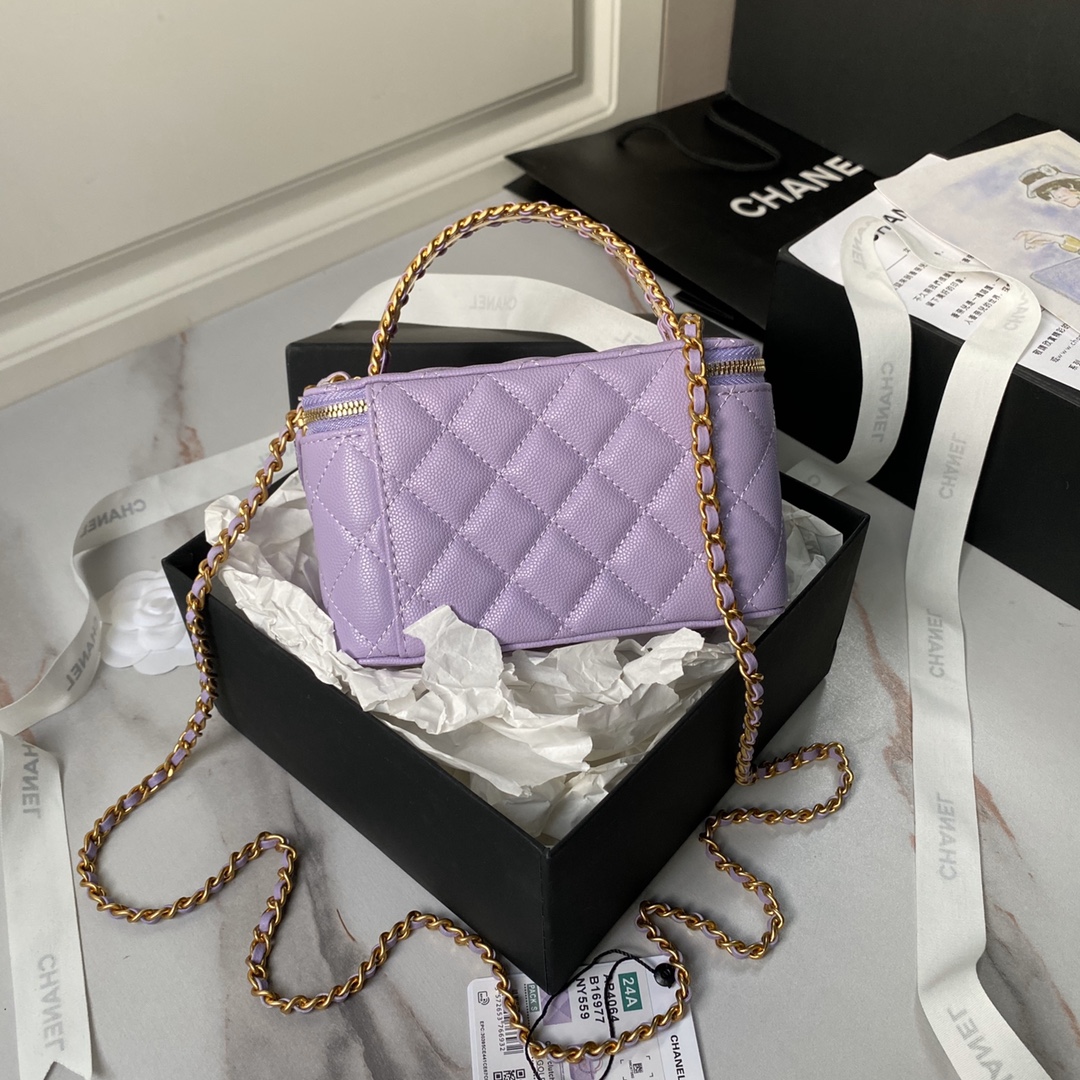 Chanel 24A AP4064 Vanity Case With Mirror Grained Calfskin Metal Purple