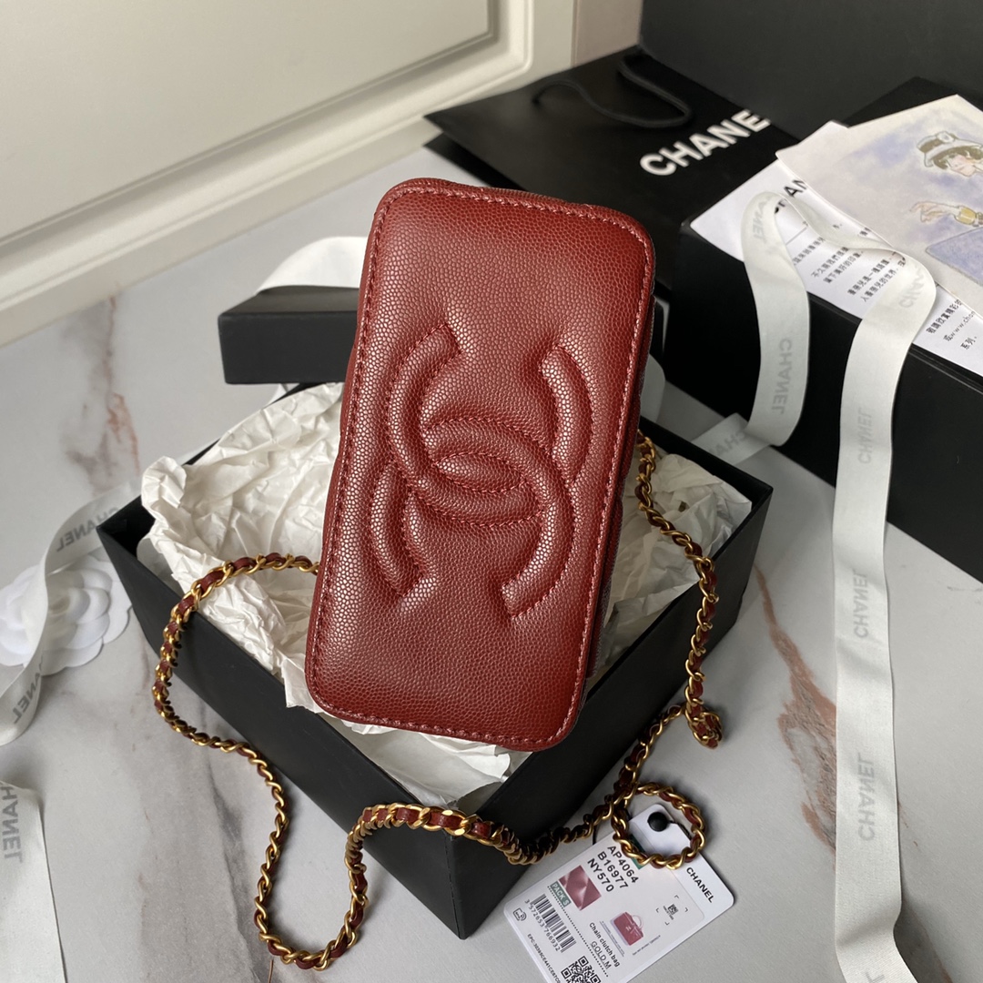 Chanel 24A AP4064 Vanity Case With Mirror Grained Calfskin Metal Red