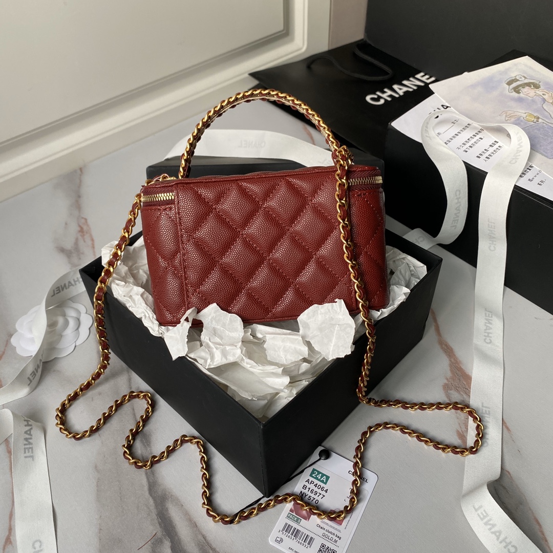 Chanel 24A AP4064 Vanity Case With Mirror Grained Calfskin Metal Red