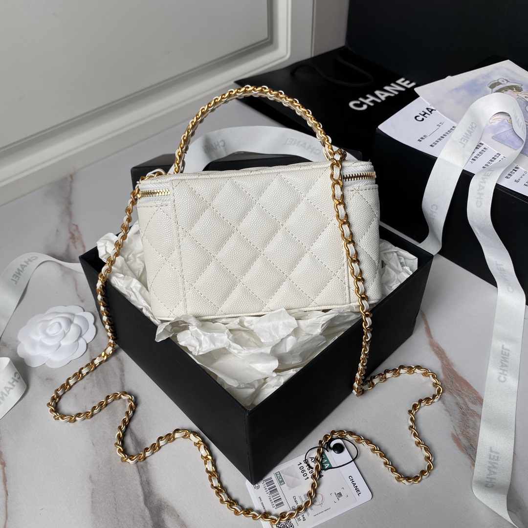 Chanel 24A AP4064 Vanity Case With Mirror Grained Calfskin Metal White