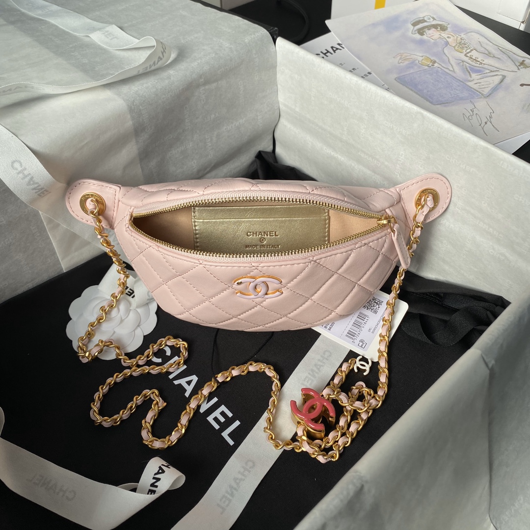 Chanel 24A AS4113 Double C Waist Bag Shiny Lambskin Gold-Tone Metal Pink