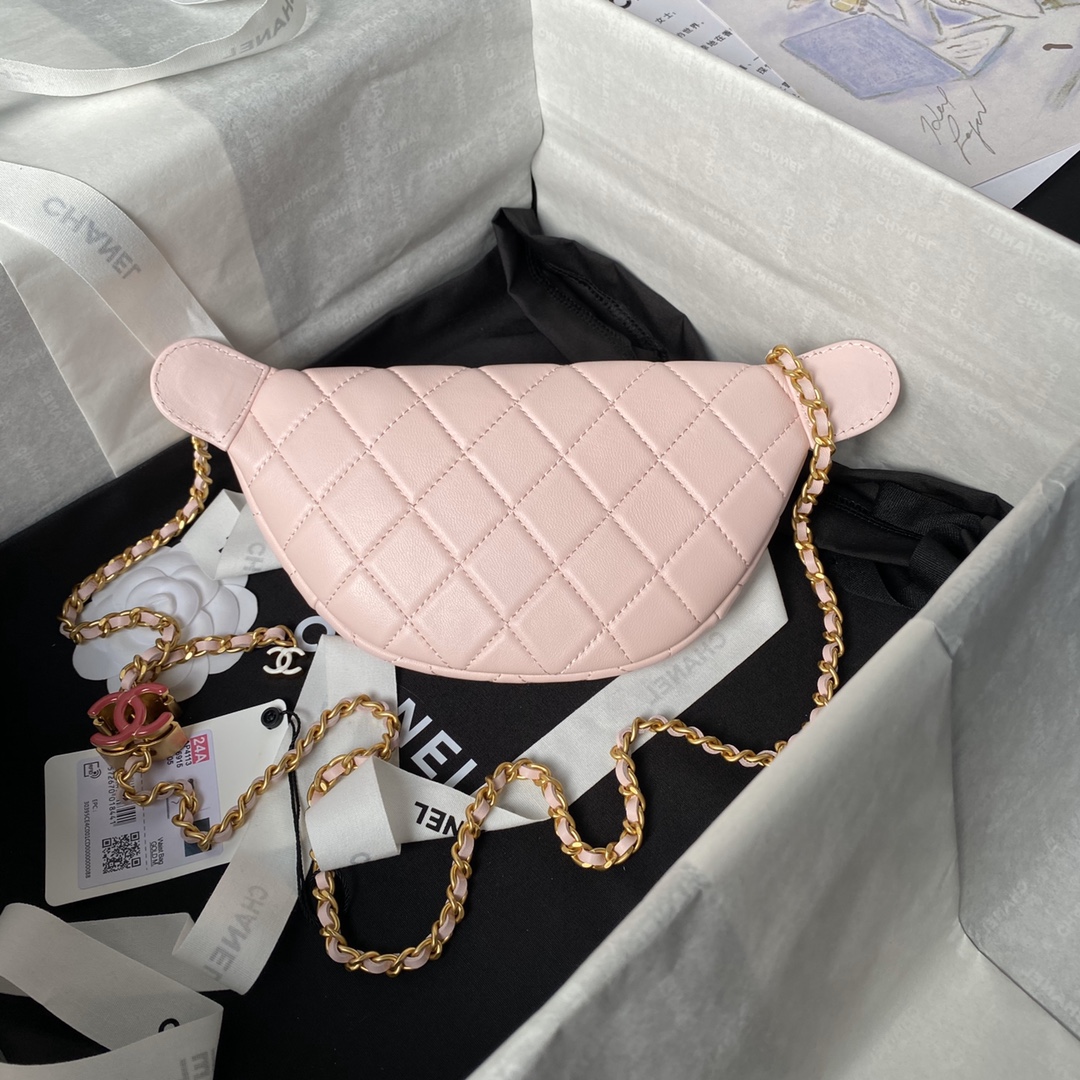 Chanel 24A AS4113 Double C Waist Bag Shiny Lambskin Gold-Tone Metal Pink