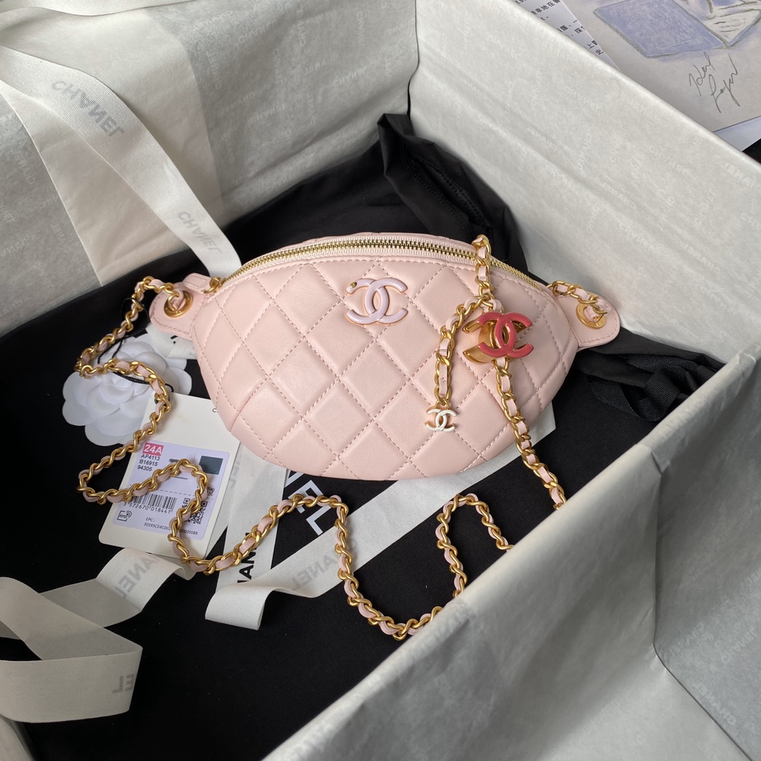 Chanel 24A AS4113 Double C Waist Bag Shiny Lambskin Gold-Tone Metal Pink