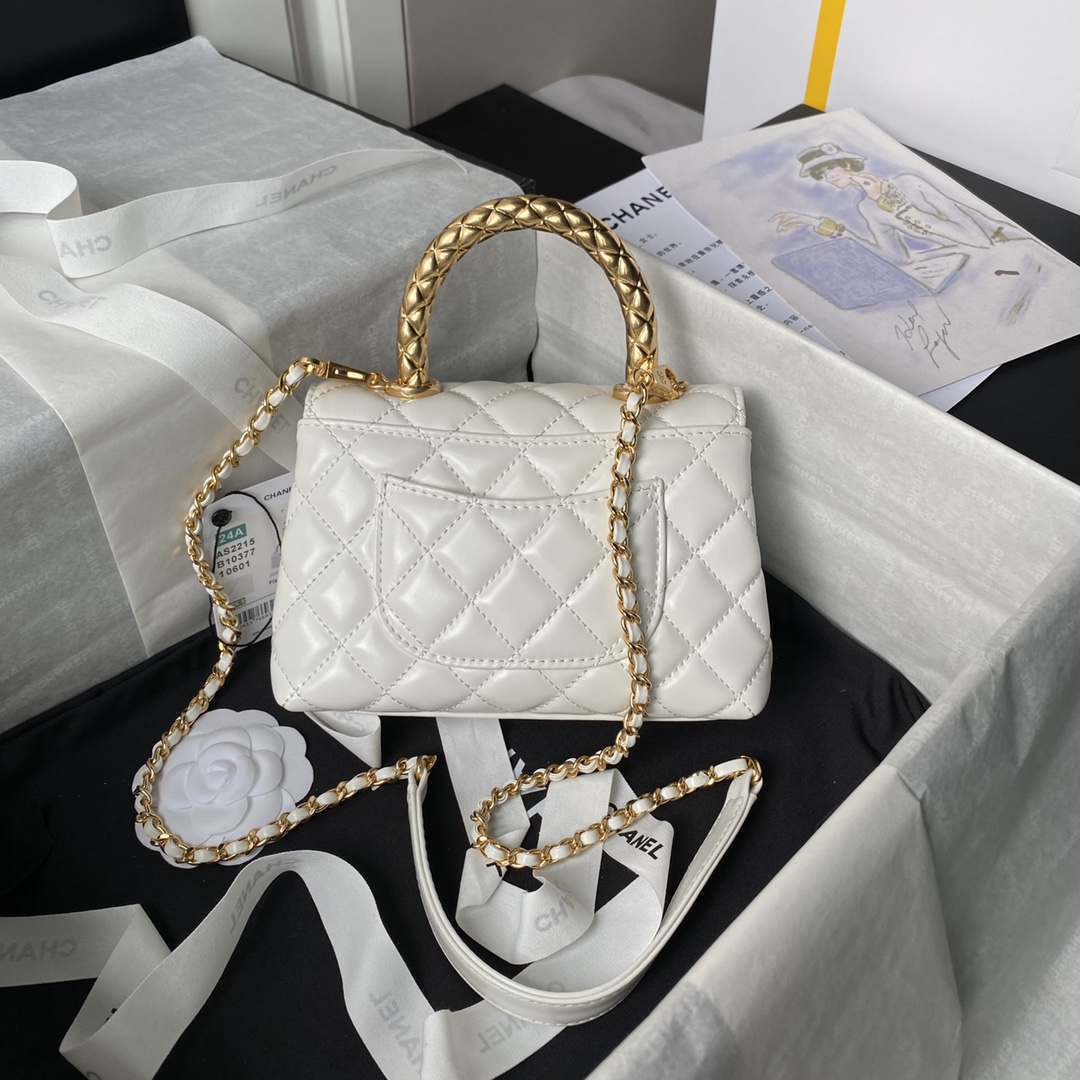 Chanel 24A Top Handle Bags Shiny Gold-Tone Metal White Lambskin