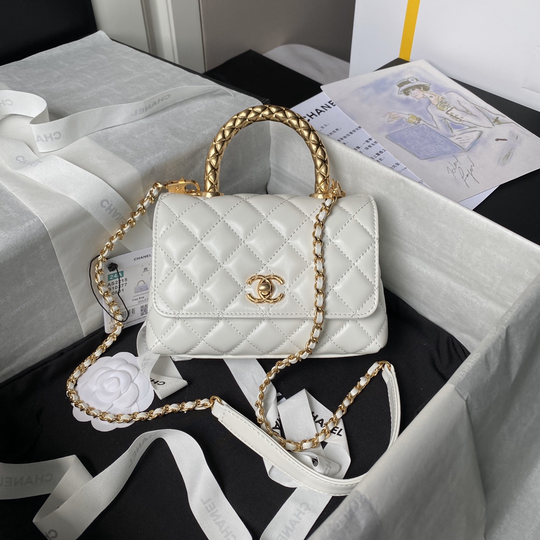 Chanel 24A Top Handle Bags Shiny Gold-Tone Metal White Lambskin