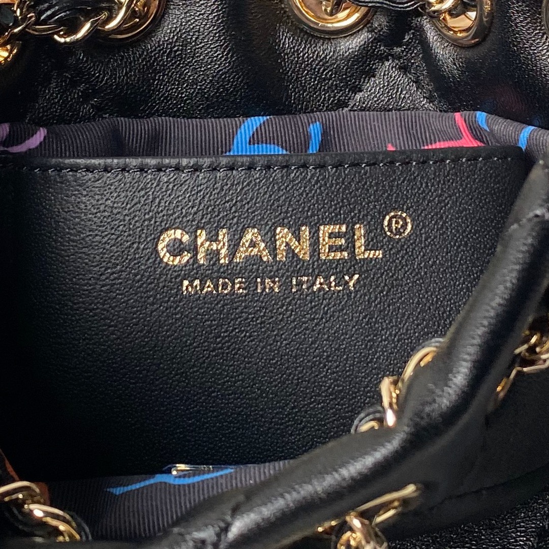 Chanel 24s AS4810 Matelasse Coco Mark Shiny Calf Drawstring Backpack Black