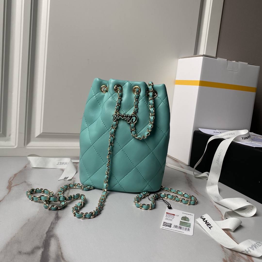 Chanel 24s AS4810 Matelasse Coco Mark Shiny Calf Drawstring Backpack Light Green