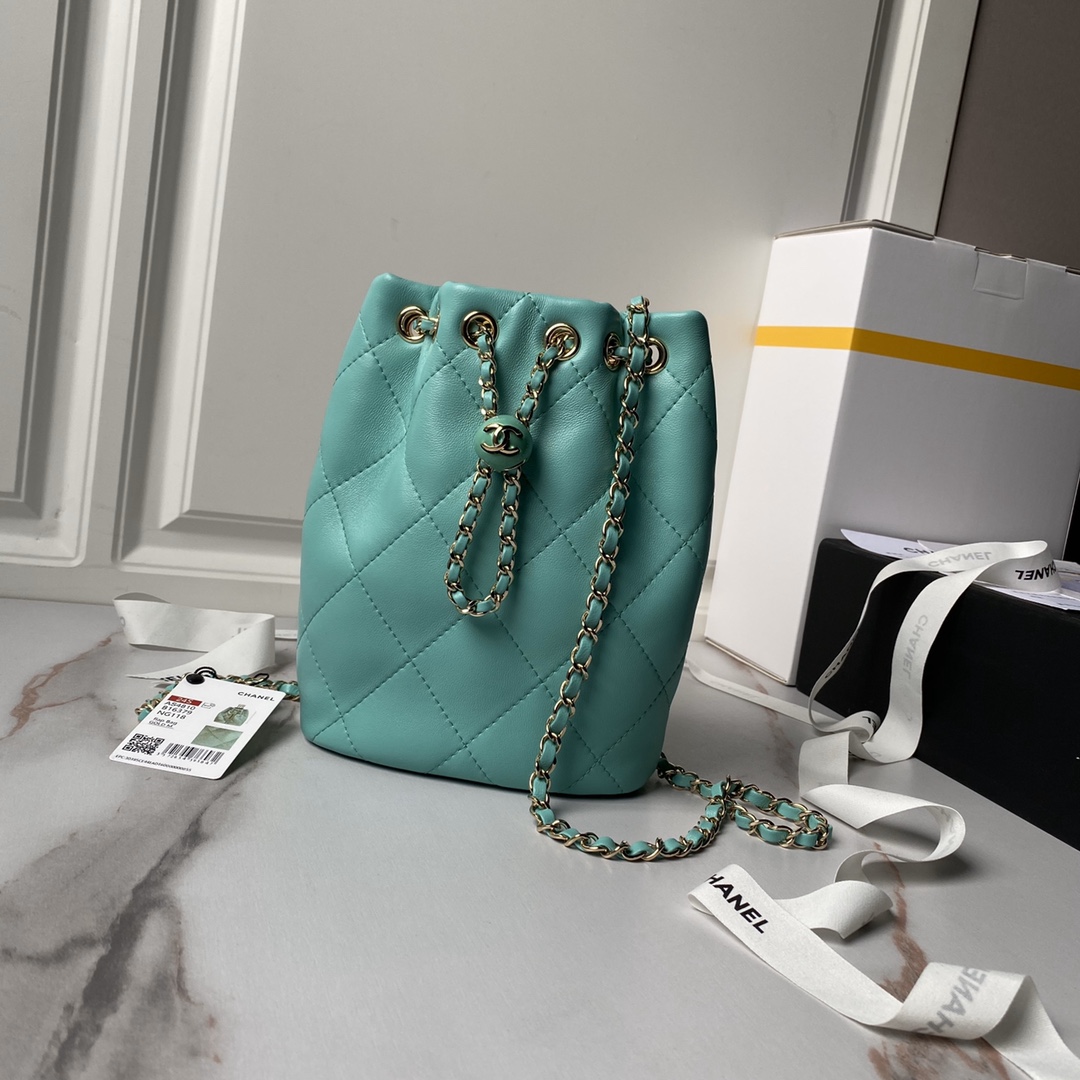 Chanel 24s AS4810 Matelasse Coco Mark Shiny Calf Drawstring Backpack Light Green