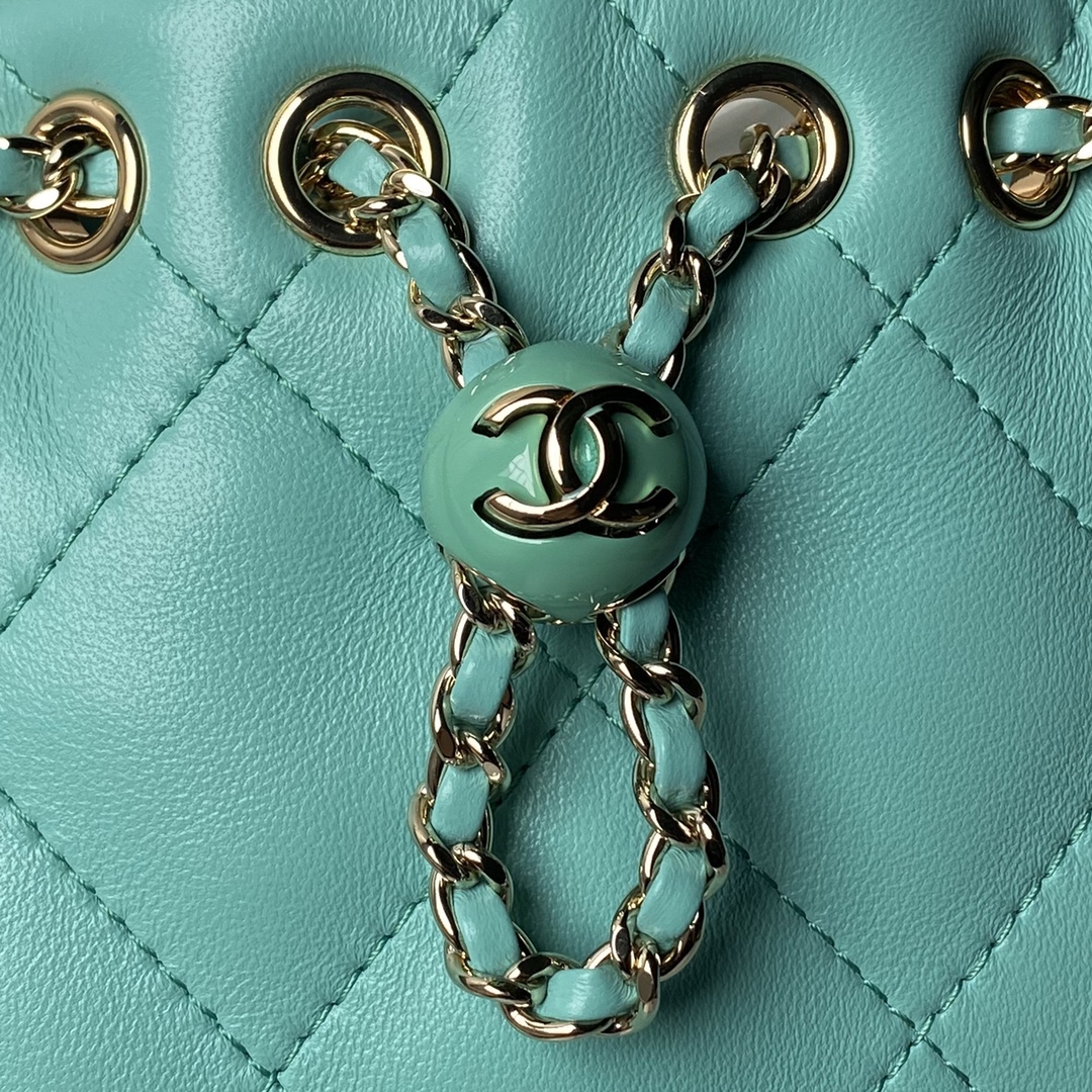 Chanel 24s AS4810 Matelasse Coco Mark Shiny Calf Drawstring Backpack Light Green