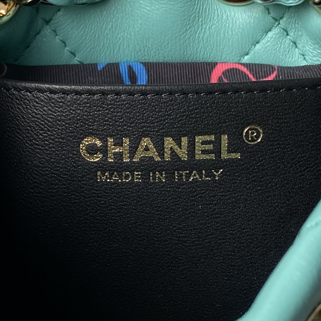 Chanel 24s AS4810 Matelasse Coco Mark Shiny Calf Drawstring Backpack Light Green