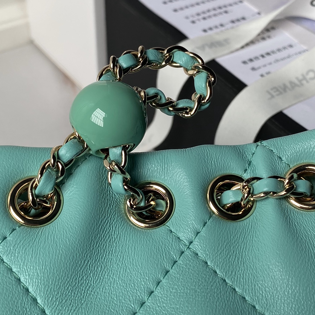 Chanel 24s AS4810 Matelasse Coco Mark Shiny Calf Drawstring Backpack Light Green
