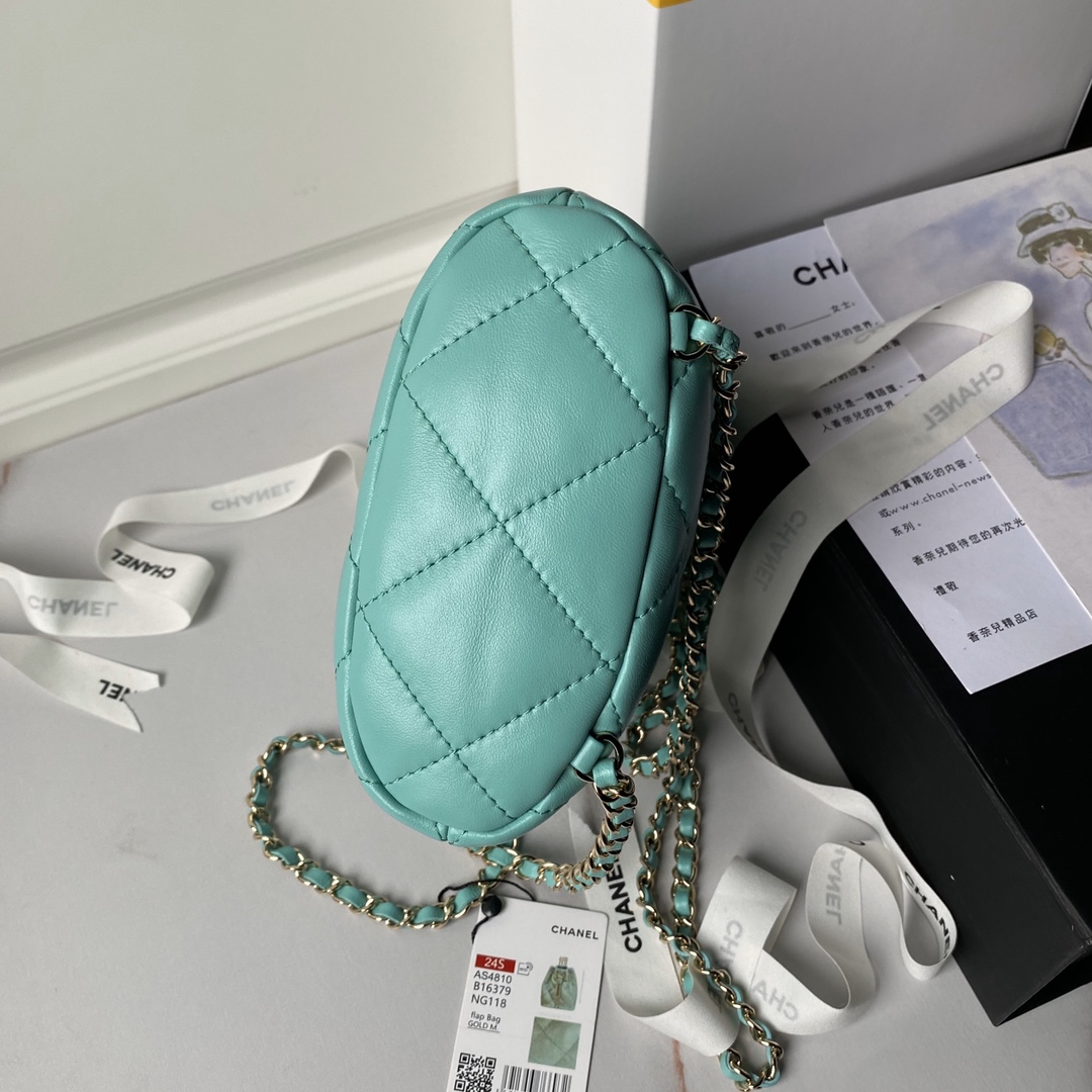 Chanel 24s AS4810 Matelasse Coco Mark Shiny Calf Drawstring Backpack Light Green