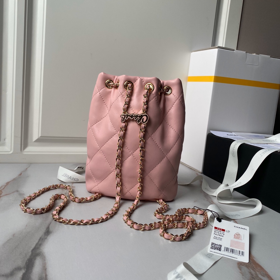 Chanel 24s AS4810 Matelasse Coco Mark Shiny Calf Drawstring Backpack Pink