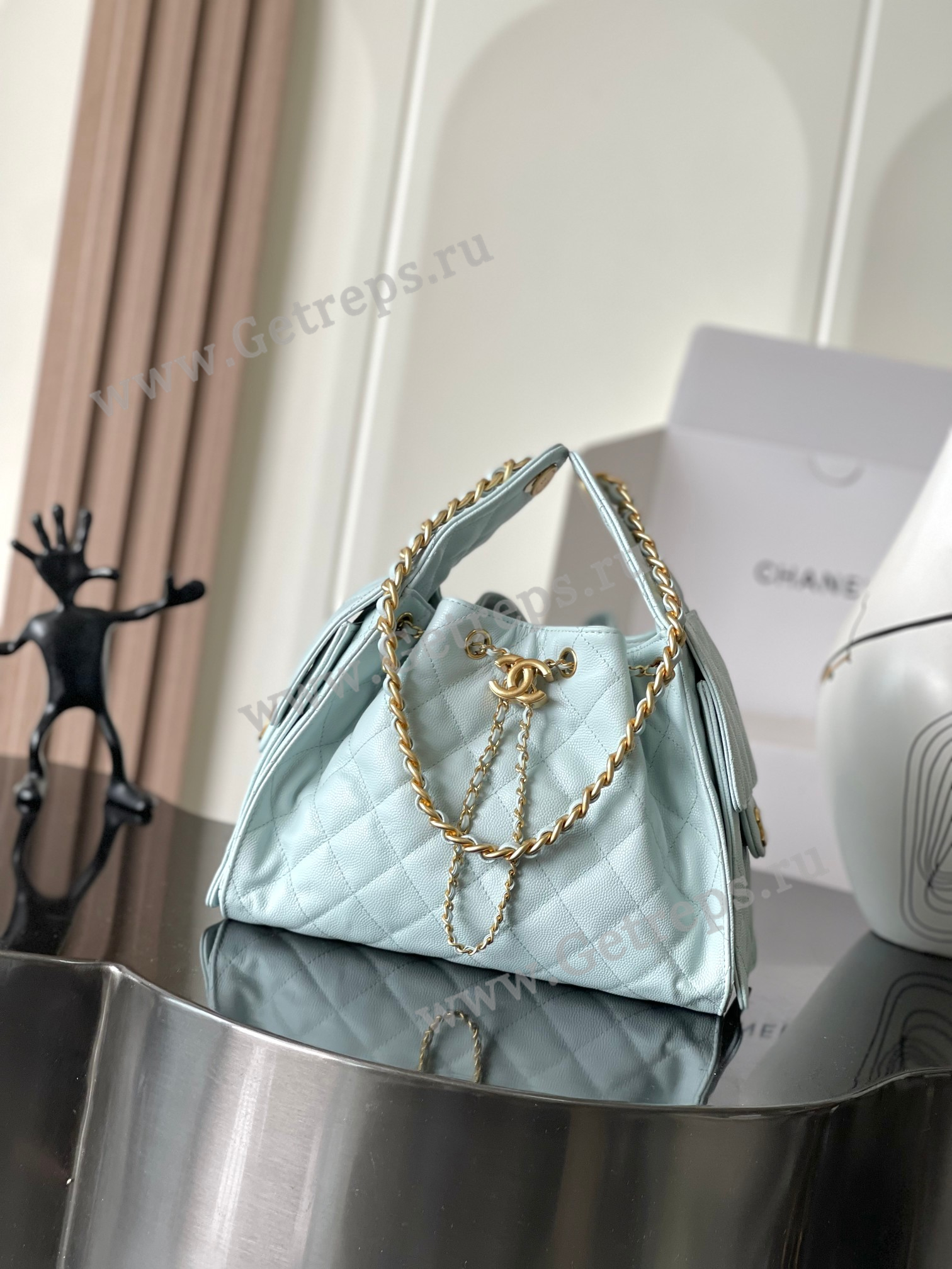 Chanel 25 Hobo Handbag Blue Caviar with Gold Hardware