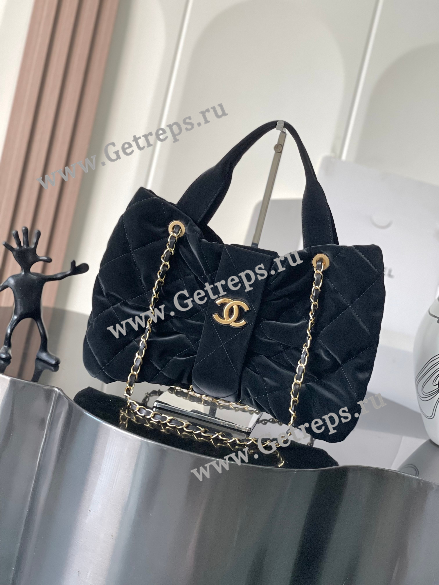 Chanel 25K Large Bow Bag Velvet-effect Black