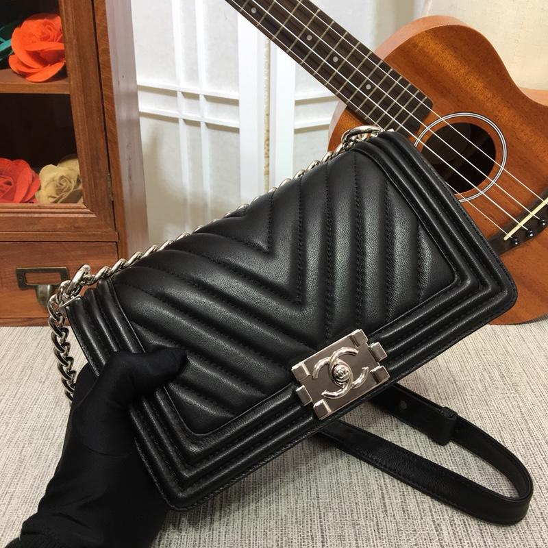Chanel 25cm Boy Handbag Calfskin Silver Tone Metal Black