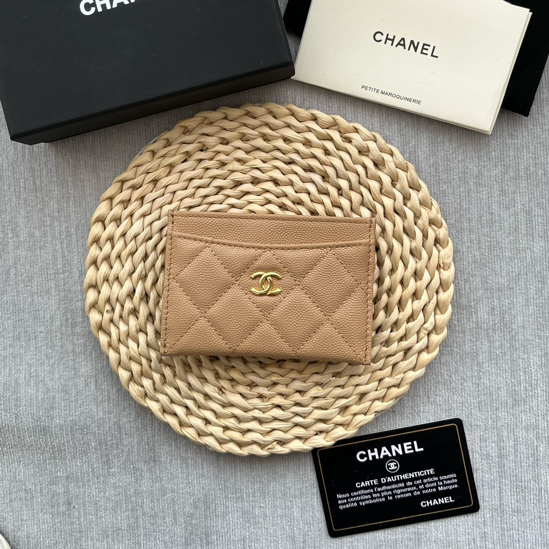 Chanel 84331 Classics Card Wallet Grained Calfskin Beige