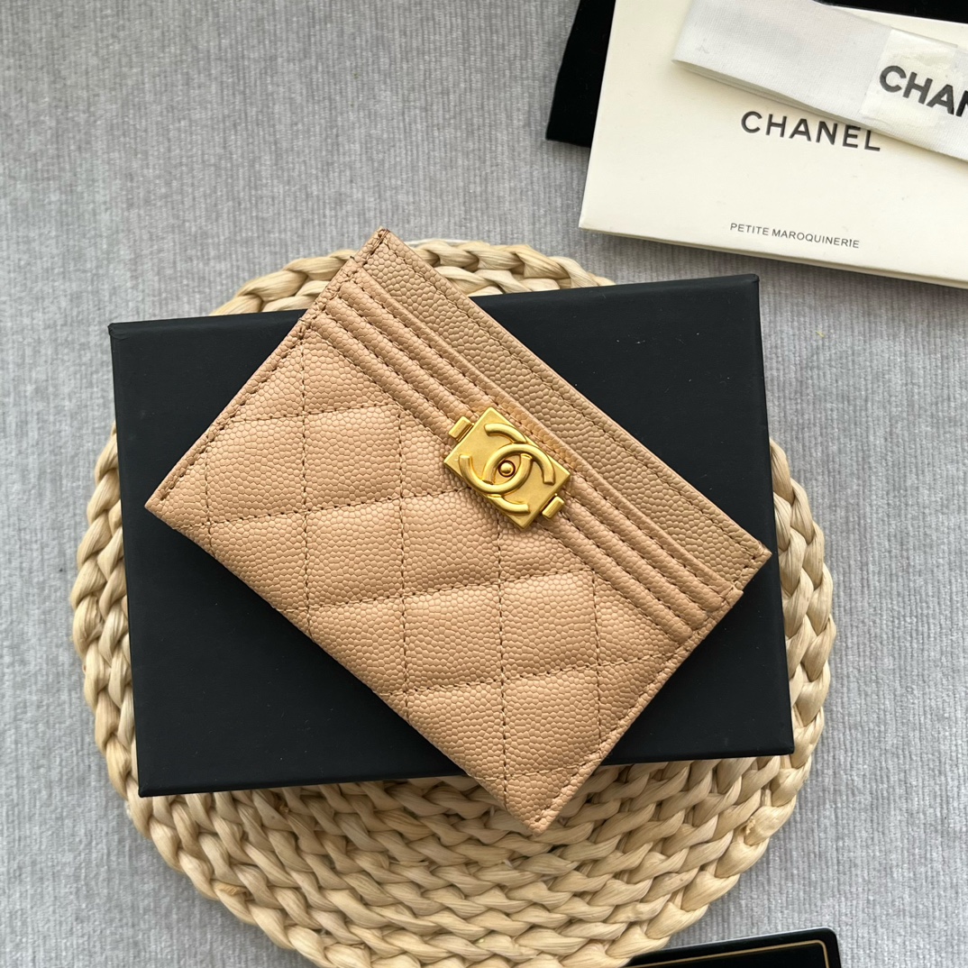 Chanel 84331 Leboy Card Wallet Grained Calfskin Beige