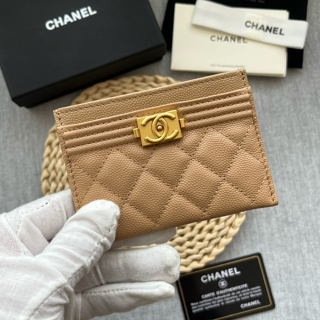 Chanel 84331 Leboy Card Wallet Grained Calfskin Beige