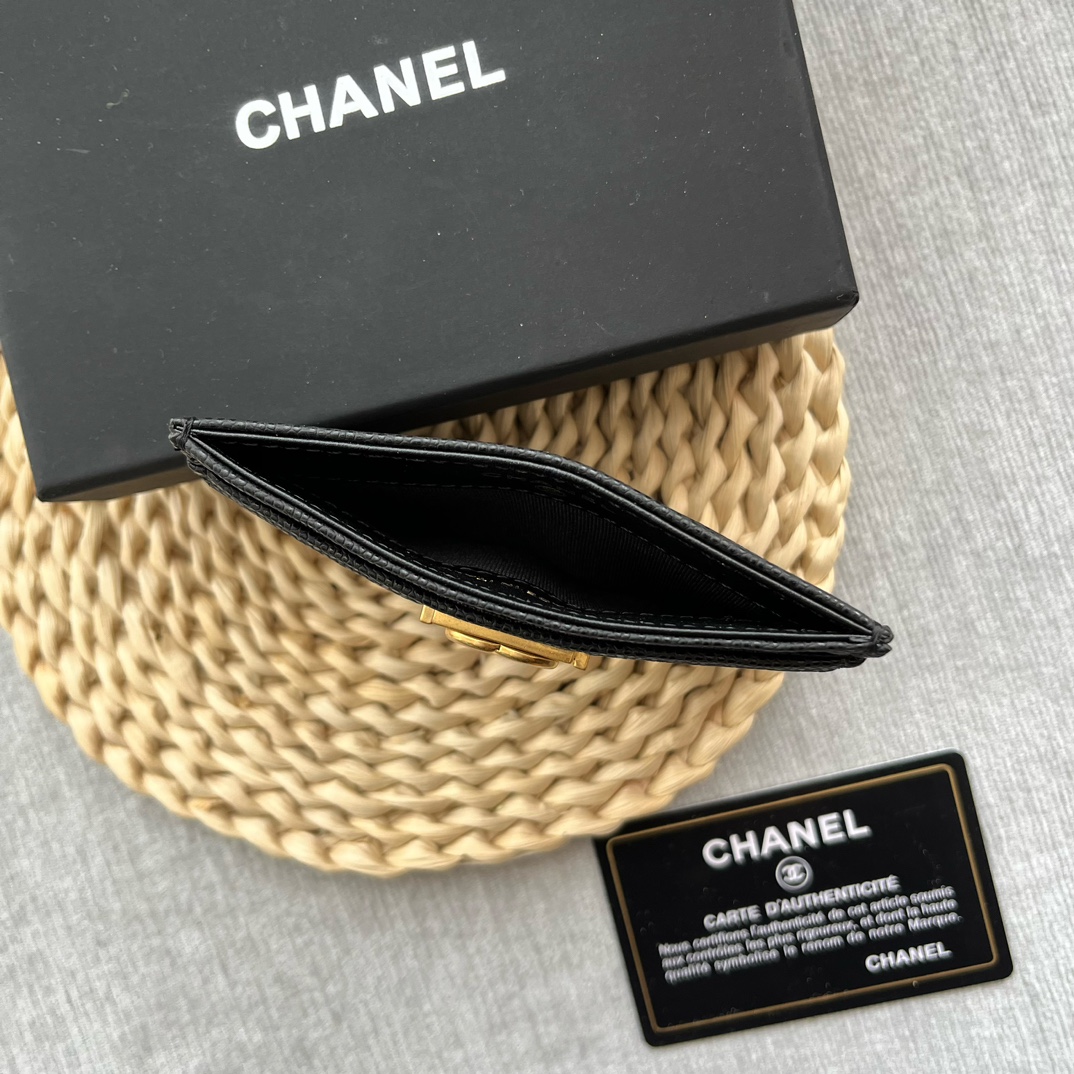 Chanel 84331 Leboy Card Wallet Grained Calfskin Black With Gold