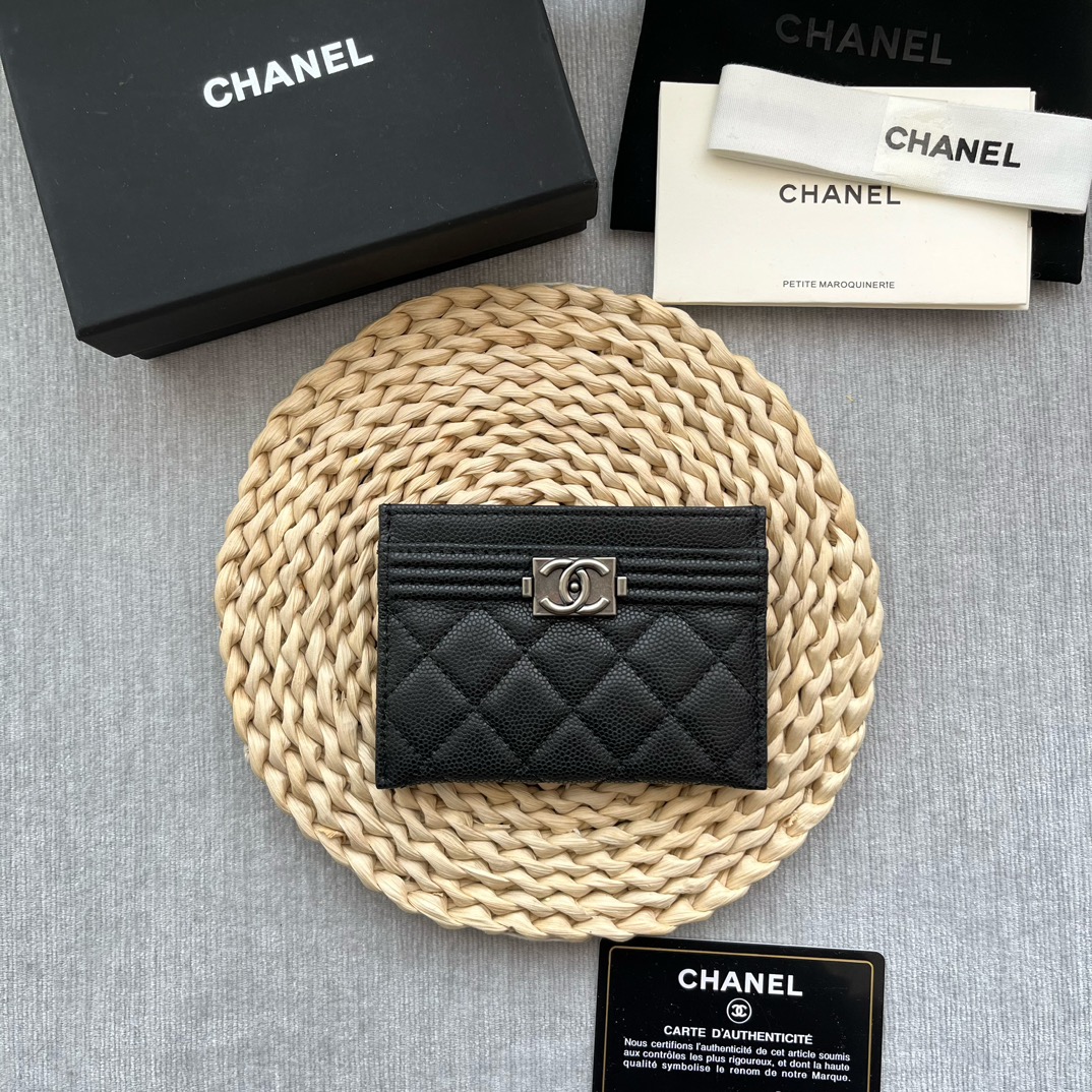 Chanel 84331 Leboy Card Wallet Grained Calfskin Black With Silver