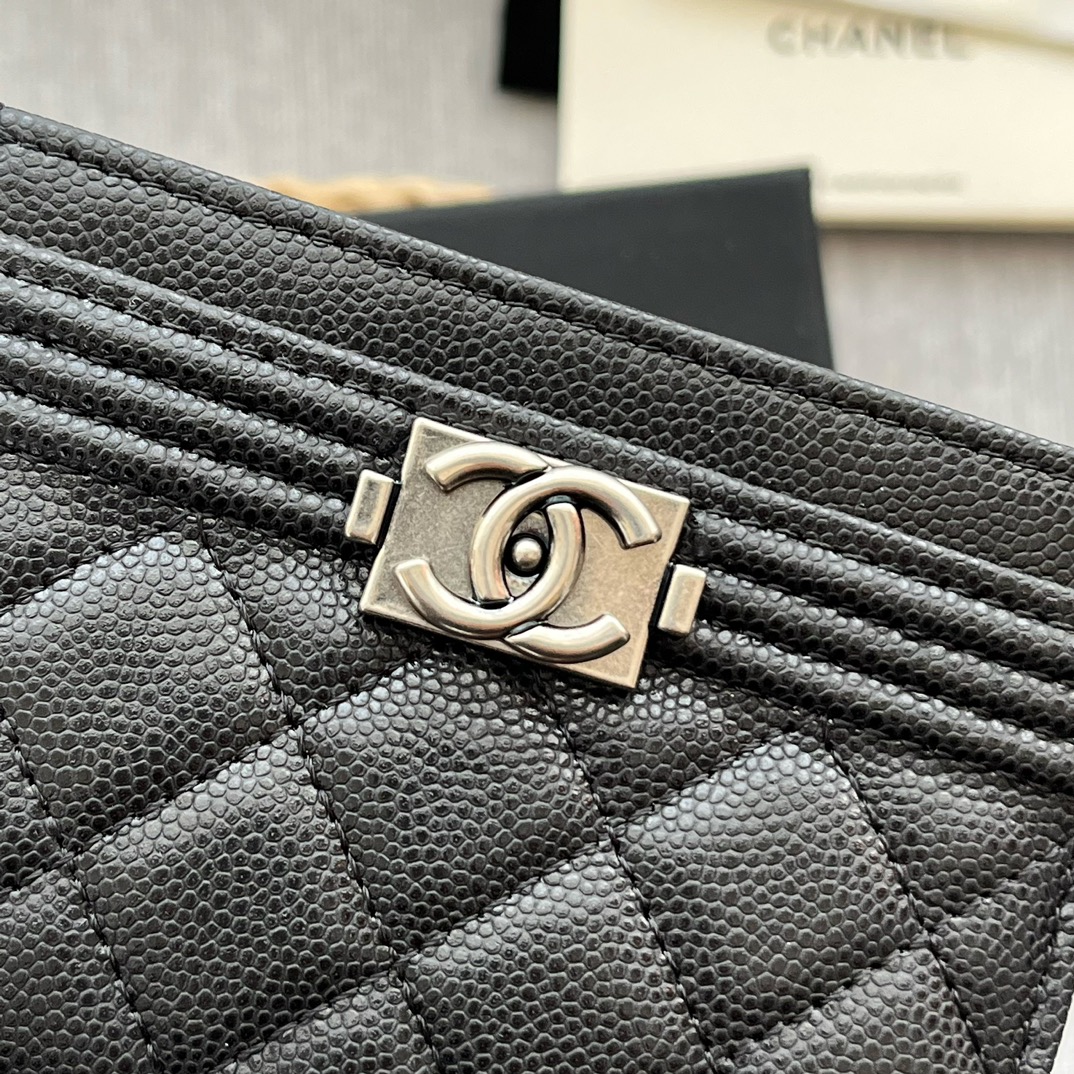 Chanel 84331 Leboy Card Wallet Grained Calfskin Black With Silver