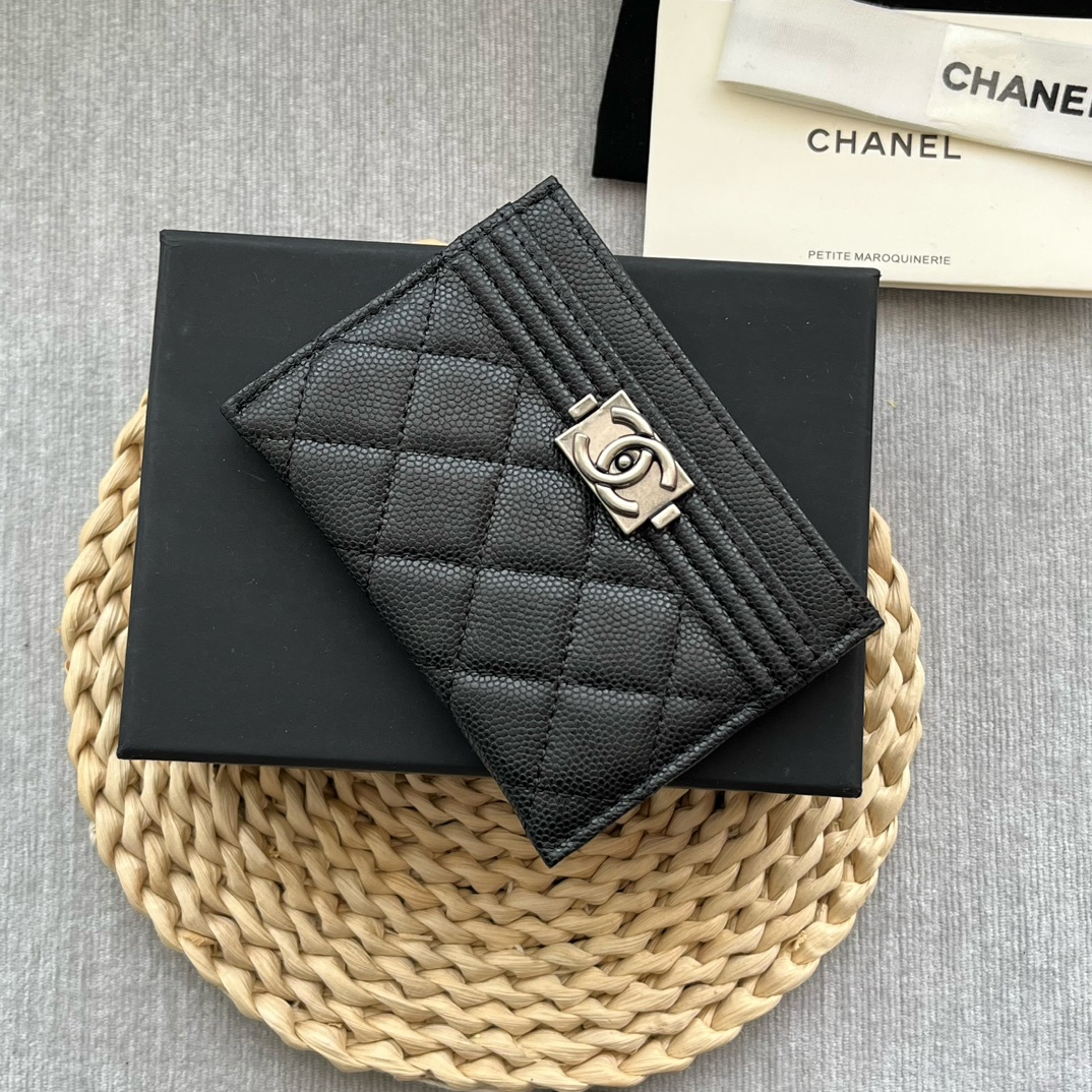 Chanel 84331 Leboy Card Wallet Grained Calfskin Black With Silver