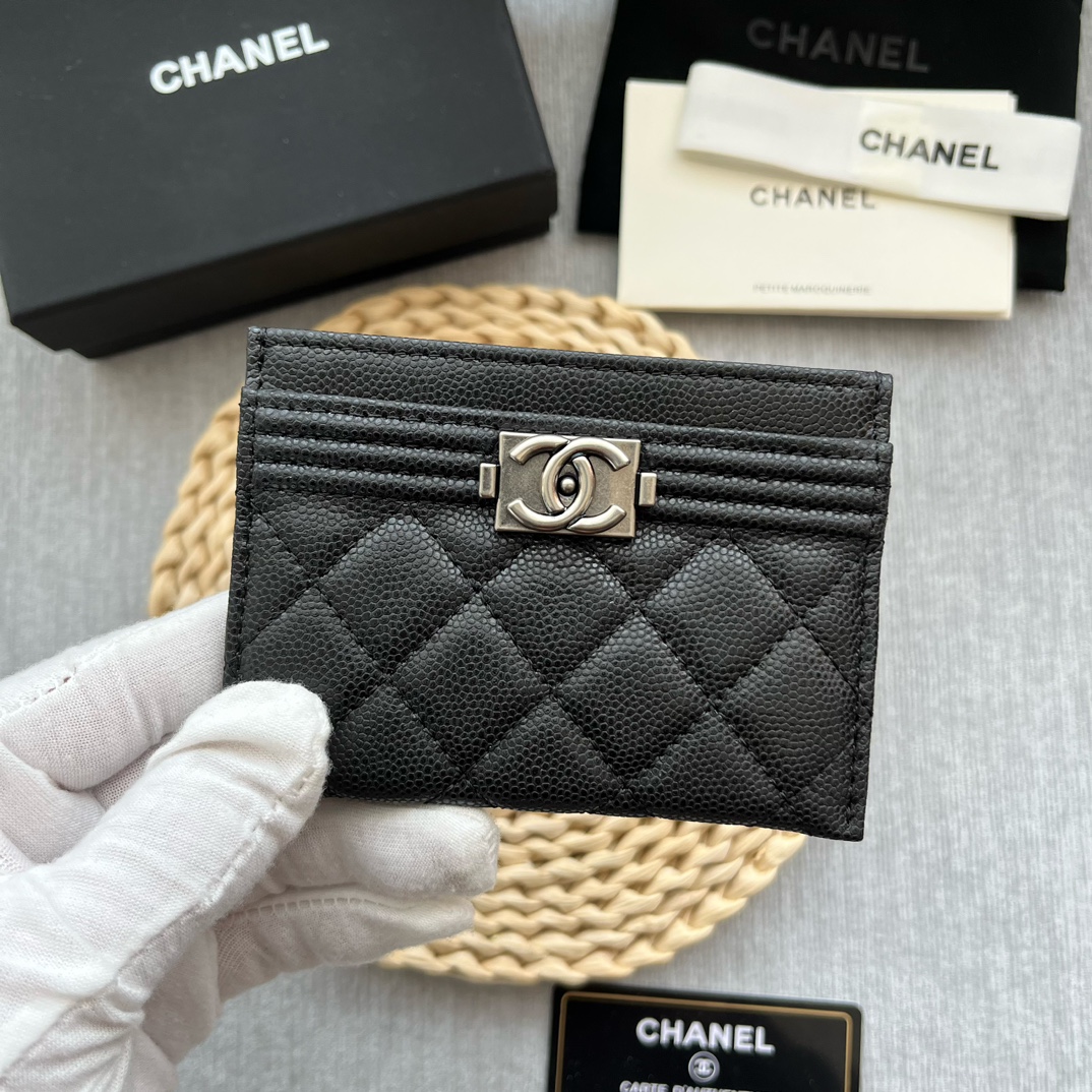 Chanel 84331 Leboy Card Wallet Grained Calfskin Black With Silver