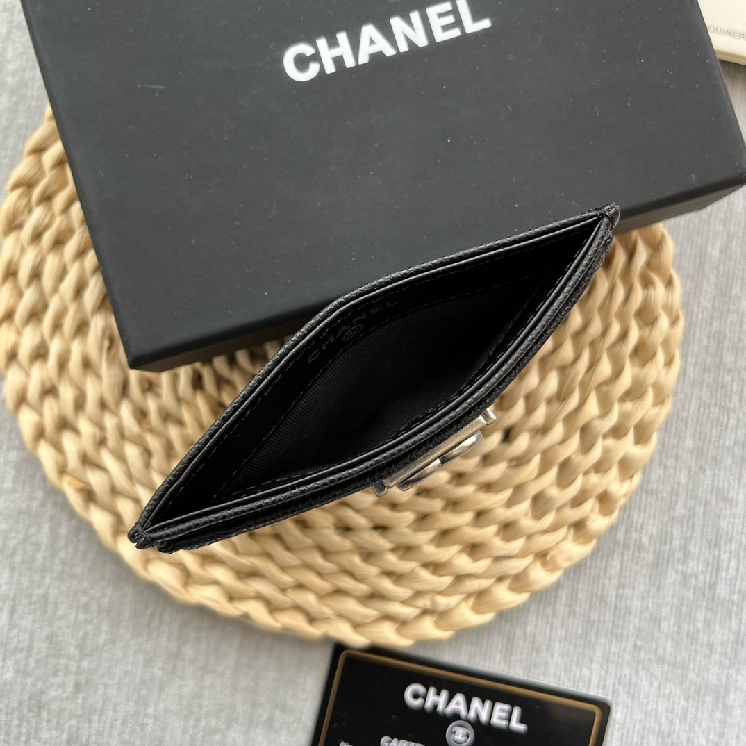 Chanel 84331 Leboy Card Wallet Grained Calfskin Black With Silver