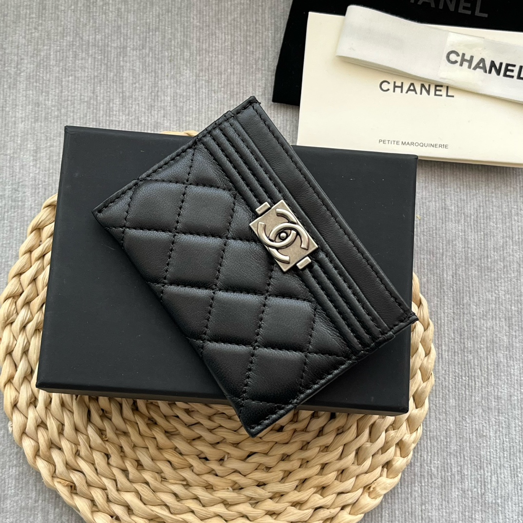 Chanel 84331 Leboy Card Wallet Lambskin Black With Silver